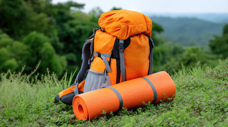A bright hiking backpack and rolled yoga mat are placed on green grass, surrounded by lush trees and hills, creating vibrant outdoor scene perfect for adventure and relaxationの素材
