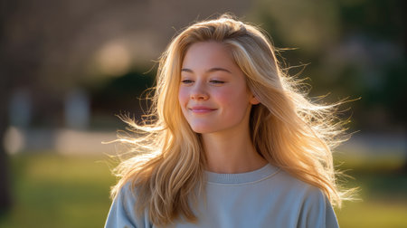 A teenage girl enjoying soft sunlight with flowing hair, radiating happiness and warmth in serene outdoor setting, creating peaceful and joyful atmosphereの素材