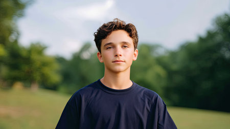 A medium range portrait of teenage boy wearing dark t shirt, standing outdoors in natural setting. boy has curly hair and calm expression, surrounded by greeneryの素材