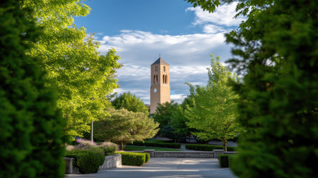 A beautiful view of church bell tower framed by lush green trees, showcasing serene landscape under partly cloudy sky. scene evokes sense of tranquility and peaceの素材