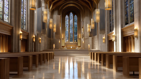 A serene interior of temple hall featuring elegant wooden pews, stunning stained glass windows, and warm lighting that creates peaceful atmosphere. architectural design showcases grandeurの素材