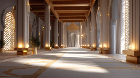 A serene interior of mosque featuring elegant arches, intricate patterns, and soft lighting. spacious prayer hall is adorned with decorative elements, creating peaceful atmosphere for worshipの素材