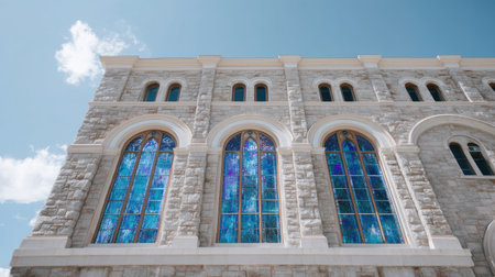 A historic church exterior features stunning stained glass windows and intricate stonework, showcasing architectural beauty against clear blue sky. vibrant colors of glass create captivatingの素材