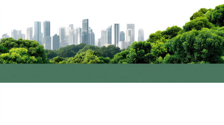 A modern city skyline rises above lush green trees, showcasing harmonious blend of nature and urban life. vibrant greenery contrasts beautifully with sleek buildings, creating serene atmosphereの素材