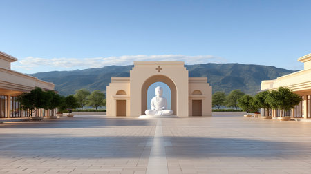 A serene outdoor space featuring large white buddha statue at center, surrounded by modern architecture and lush greenery. scene conveys tranquility and spiritual harmonyの素材
