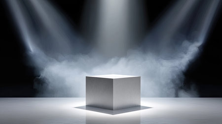 A textured gray podium illuminated by dramatic lighting creates striking focal point in misty atmosphere, evoking sense of anticipation and intrigueの素材