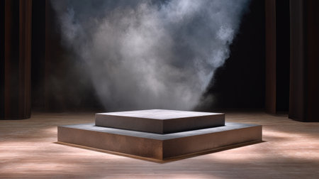 A rough industrial style concrete podium stands prominently dimly lit space, surrounded by misty atmosphere that adds dramatic effect. podium design emphasizes modern aesthetic, perfectの素材
