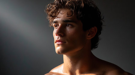 A portrait of athlete with curly hair illuminated by dramatic lighting, showcasing focused expression and glistening skin. image captures strength and determinationの素材