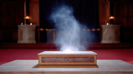 A beautifully crafted altar with intricate designs sits in serene prayer hall, surrounded by soft mist that adds mystical atmosphere. warm lighting enhances spiritual ambianceの素材