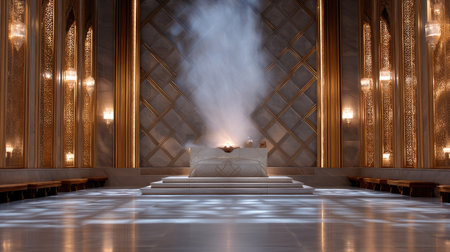 A serene prayer hall featuring intricate islamic geometric designs, illuminated by soft lighting and central altar surrounded by mist, creating tranquil atmosphere for reflectionの素材