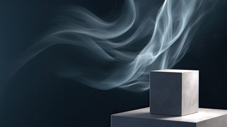 A simple podium of gray concrete stands still, surrounded by ethereal wisps of smoke that create serene atmosphere, evoking sense of calm and contemplationの素材