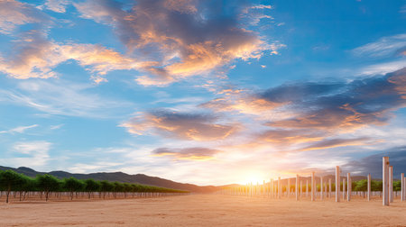 A stunning vineyard landscape captures the essence of nature with rows of grapevines stretching toward the horizon, illuminated by a vibrant sunset.の素材