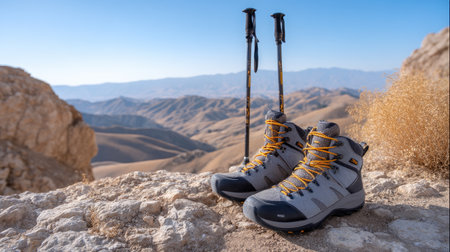 A hiking boots and trekking poles are positioned on rocky terrain, showcasing stunning mountainous landscape in background. scene evokes sense of adventure and explorationの素材