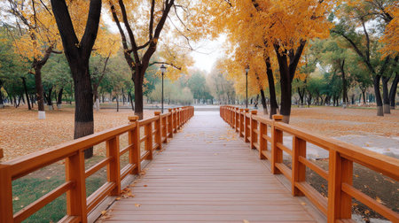 Experience a tranquil autumn scene featuring a picturesque wooden walkway surrounded by vibrant yellow and orange foliage in a peaceful park.の素材