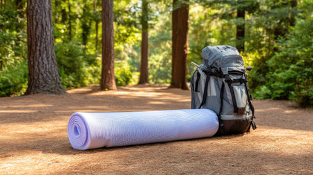 A rolled inflatable camping mat rests beside gray backpack in serene forest setting, surrounded by tall trees and soft pine needles, inviting outdoor adventure and relaxationの素材