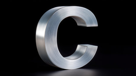 A closeup of metallic letter c, shining under soft light, showcases its sleek design and smooth texture, creating modern and artistic feelの素材