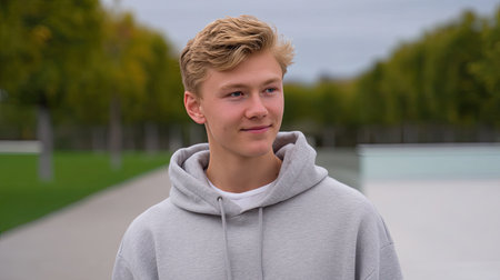A teenage boy with gentle smile is wearing light gray hoodie. he stands outdoors in park like setting, surrounded by greenery and serene atmosphereの素材