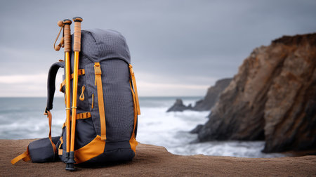 A sturdy backpack with hiking poles rests on sandy beach, overlooking dramatic coastline and ocean waves. scene evokes sense of adventure and explorationの素材