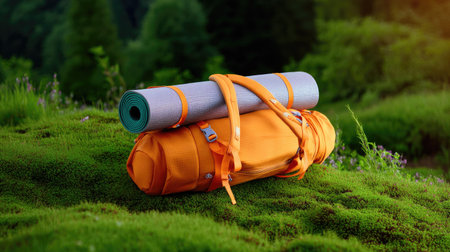 A bright hiking backpack with rolled yoga mat resting top, set against lush green landscape. vibrant orange color of backpack contrasts beautifully with natural surroundings, evoking senseの素材