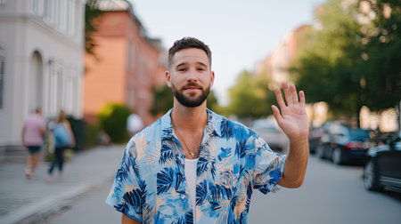 A man in colorful floral shirt waves his hand in friendly gesture on sunny street. background features buildings and parked cars, creating lively urban atmosphereの素材