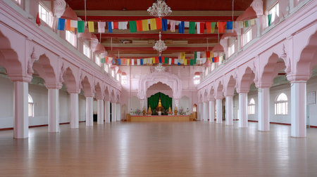 A spacious hall featuring elegant arches and columns, adorned with colorful flags hanging from ceiling. serene atmosphere is enhanced by central altar, creating peaceful environment for gatheringsの素材