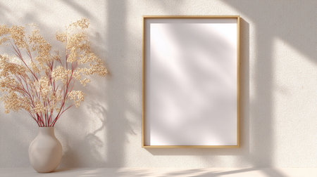 A minimalist interior scene featuring medium frame with blank canvas, complemented by vase of dried flowers. soft shadows create serene atmosphere, perfect for showcasing art or photographyの素材