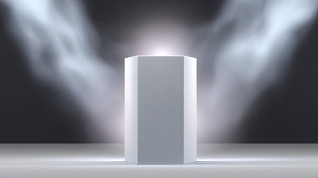A textured gray podium surrounded by soft light and mist, creating dramatic and ethereal atmosphere. this minimalist design emphasizes elegance and simplicityの素材