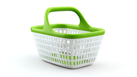 An empty shopping basket with green handle and white body, perfect for carrying groceries or other items. its simple design makes it versatile choice for various shopping needsの素材