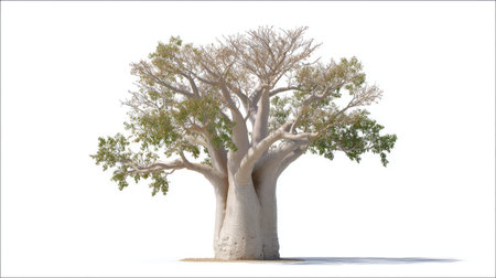 A baobab tree isolated on white with thick trunk and lush green foliage, showcasing its unique structure and beauty. this majestic tree symbolizes resilience and strength in natureの素材