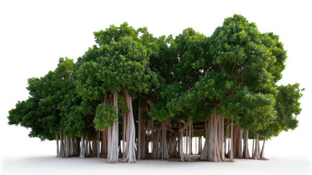 A dense banyan tree with lush green foliage, showcasing its intricate root system and expansive canopy, stands isolated against white background, evoking sense of tranquility and natural beautyの素材