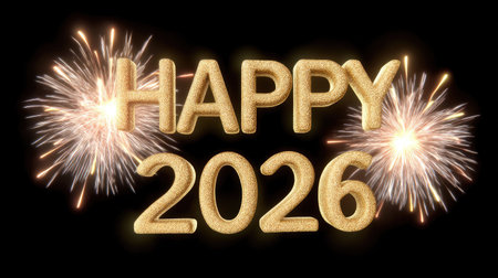 A golden sparkling happy text with fireworks in background creates festive atmosphere, perfect for celebrating new year 2026の素材