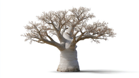 A baobab tree isolated on white with thick trunk and sprawling branches, showcasing its unique and striking appearance. this majestic tree symbolizes resilience and strength, evoking sense of wonderの素材