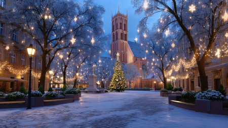 A snowy city square adorned with glowing christmas lights creates magical winter atmosphere. scene features beautifully decorated tree, frosted trees, and charming church in backgroundの素材