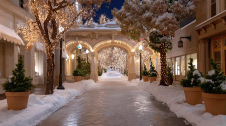 A snow covered street adorned with beautiful arches and twinkling lights creates magical winter atmosphere. scene is peaceful and inviting, perfect for festive strollの素材