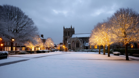 A snowy churchyard illuminated by soft golden lights creates serene winter scene. tranquil atmosphere invites reflection and peace, showcasing beauty of nature in winterの素材
