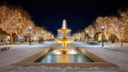 A snowy park fountain illuminated by golden lights creates magical winter scene. surrounding trees are adorned with twinkling lights, enhancing enchanting atmosphereの素材