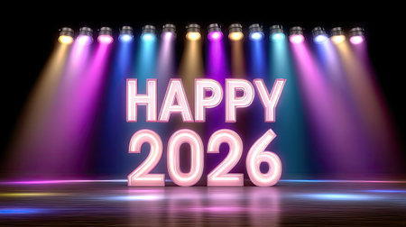 A happy 2026 illuminated by vibrant stage lights creates festive atmosphere, perfect for celebrations and events. colorful beams enhance joyful message, inviting excitement and cheerの素材