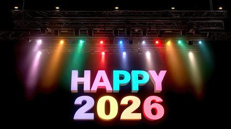 A colorful stage lights illuminate text happy 2026, creating vibrant and festive atmosphere perfect for celebrations and events. bright colors evoke joy and excitementの素材