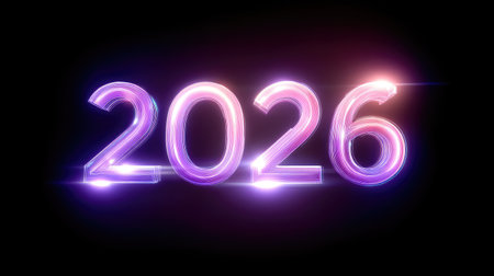 A futuristic digital style number 2026 glowing with vibrant colors, representing sense of optimism and excitement for future. design captures modern aesthetic with sleek appearanceの素材
