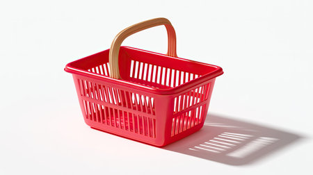 A vibrant red shopping basket with sturdy handle, designed for convenience and practicality. this empty basket is perfect for grocery shopping or carrying items, showcasing modern and functionalの素材