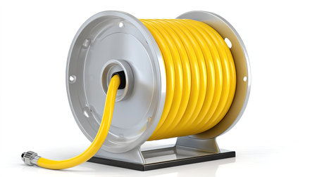 A sturdy hose reel with bright yellow hose coiled neatly durable base, perfect for organizing and storing garden hoses efficiently. this practical tool enhances outdoor maintenance and gardeningの素材