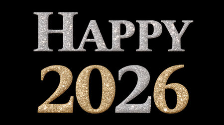 A happy text in silver and 2026 in gold glittering style creates festive and celebratory atmosphere, perfect for welcoming new year with joy and excitementの素材