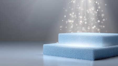 A frosted blue podium illuminated with sparkling lights creates magical atmosphere, perfect for showcasing products or decorations. shimmering snowflakes add whimsical touch to sceneの素材