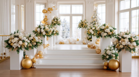 A luxurious podium adorned with elegant floral arrangements and golden decorations, creating festive atmosphere perfect for celebrations. bright space is filled with joy and holiday spiritの素材
