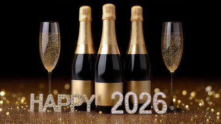A celebrate new year with luxurious scene featuring sparkling champagne bottles and elegant flutes. golden decorations and happy 2026 add festive touch to this joyful momentの素材