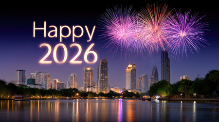 A modern city skyline with vibrant fireworks illuminating night sky, celebrating new year 2026. scene reflects joy and excitement, showcasing beautiful urban landscapeの素材