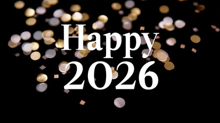 A happy 2026 is displayed prominently against minimalist black background, surrounded by shimmering golden and silver confetti, creating festive and celebratory atmosphereの素材