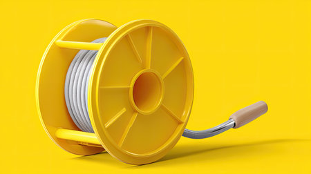 A vibrant yellow compact hose reel with sturdy handle, designed for easy storage and use. this practical tool is perfect for organizing hoses and enhancing outdoor spacesの素材