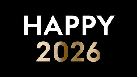 A happy 2026 is bold and modern design featuring striking contrast of white and gold text against black background, conveying sense of celebration and optimism for new yearの素材