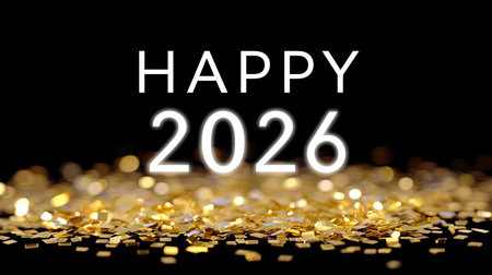 A happy 2026 is displayed in bold white letters against minimalist black background, surrounded by shimmering gold confetti, creating festive and celebratory atmosphereの素材